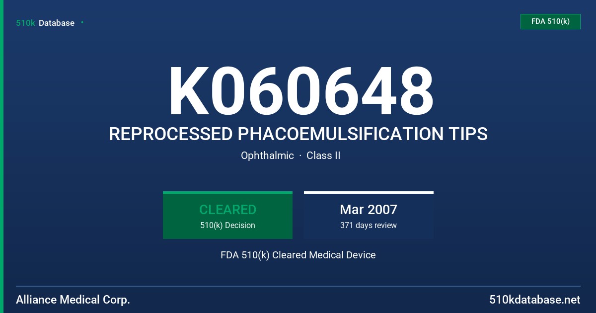 K060648 REPROCESSED PHACOEMULSIFICATION TIPS FDA 510(k) Cleared Medical Device