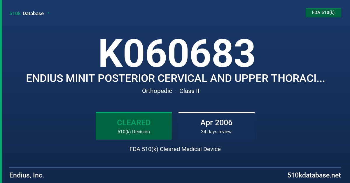 K060683 ENDIUS MINIT POSTERIOR CERVICAL AND UPPER THORACIC FIXATION SYSTEM FDA 510(k) Cleared Medical Device