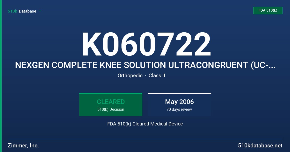 K060722 NEXGEN COMPLETE KNEE SOLUTION ULTRACONGRUENT (UC-FLEX) FIXED BEARING ARTICULAR SURFACE COMPONENT FDA 510(k) Cleared Medical Device