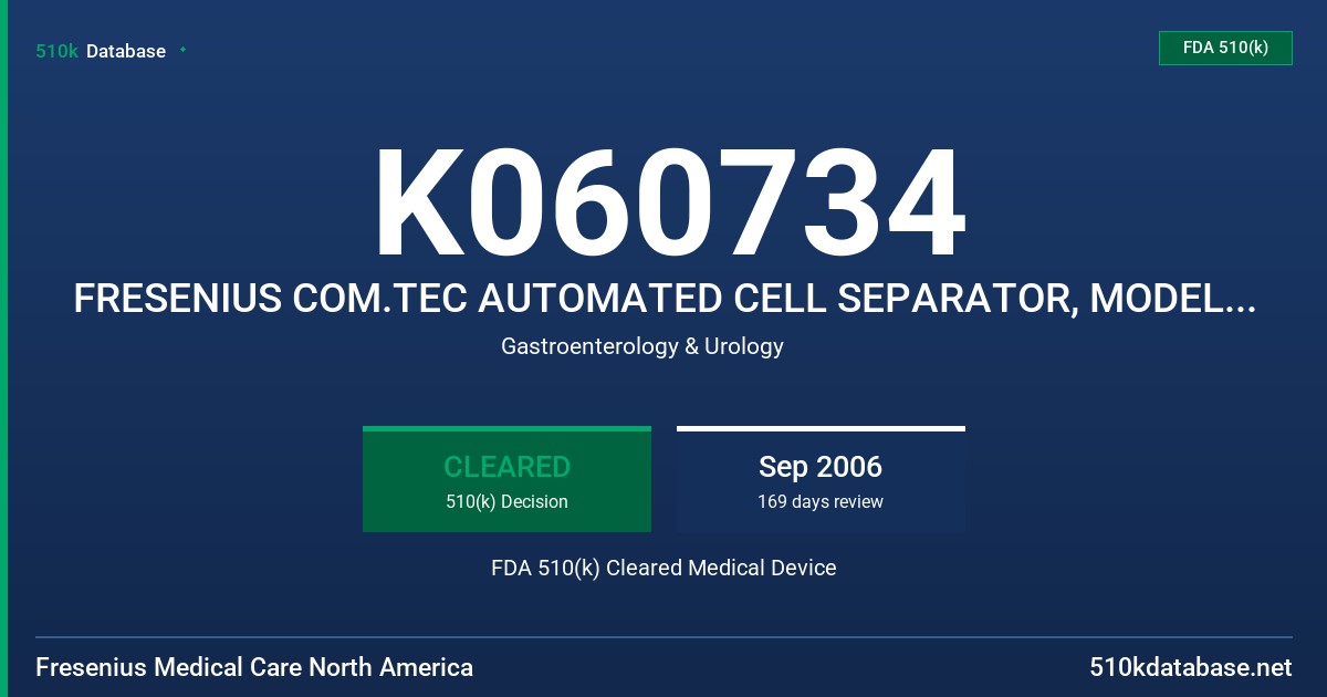 K060734 FRESENIUS COM.TEC AUTOMATED CELL SEPARATOR, MODEL 9008031 FDA 510(k) Cleared Medical Device