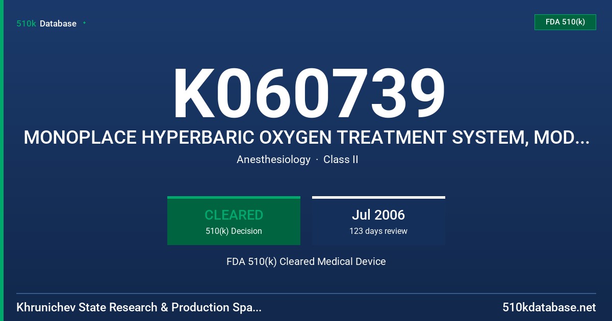 K060739 MONOPLACE HYPERBARIC OXYGEN TREATMENT SYSTEM, MODEL BLKS-307 FDA 510(k) Cleared Medical Device