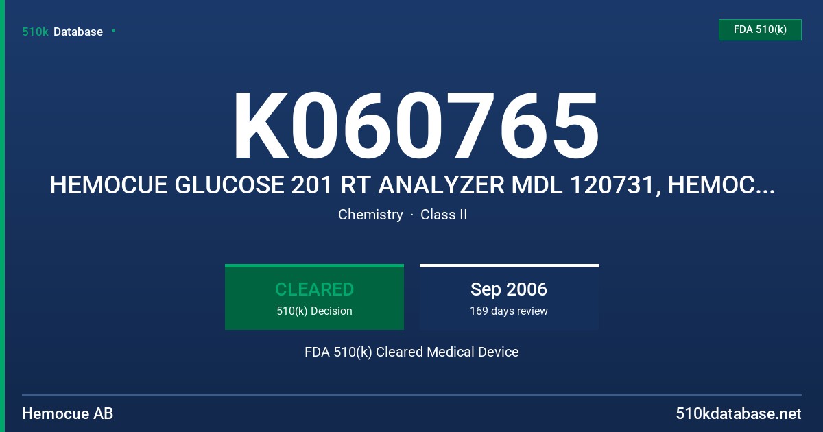 K060765 HEMOCUE GLUCOSE 201 RT ANALYZER MDL 120731, HEMOCUE GLUCOSE 201 RT MICROCURETTES MDL 110712 FDA 510(k) Cleared Medical Device