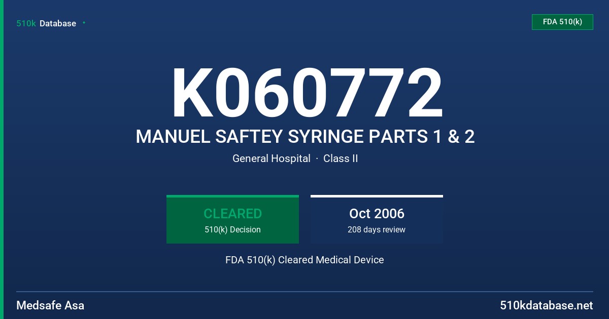 K060772 MANUEL SAFTEY SYRINGE PARTS 1 & 2 FDA 510(k) Cleared Medical Device
