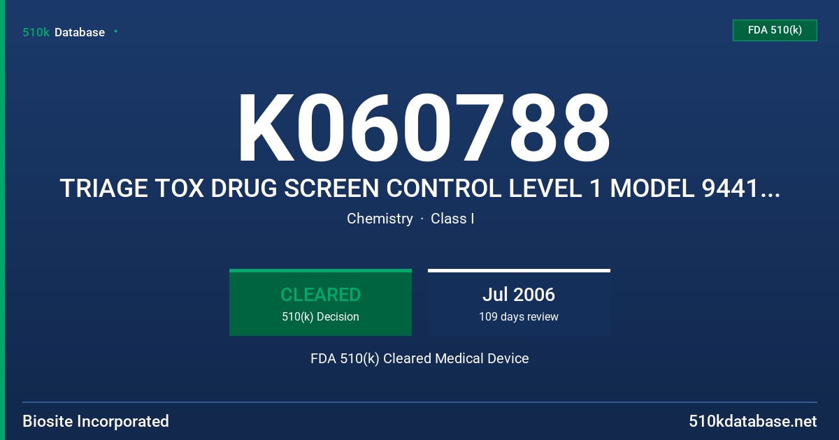 K060788 TRIAGE TOX DRUG SCREEN CONTROL LEVEL 1 MODEL 94413 AND LEVEL 2 MODEL 94414 FDA 510(k) Cleared Medical Device