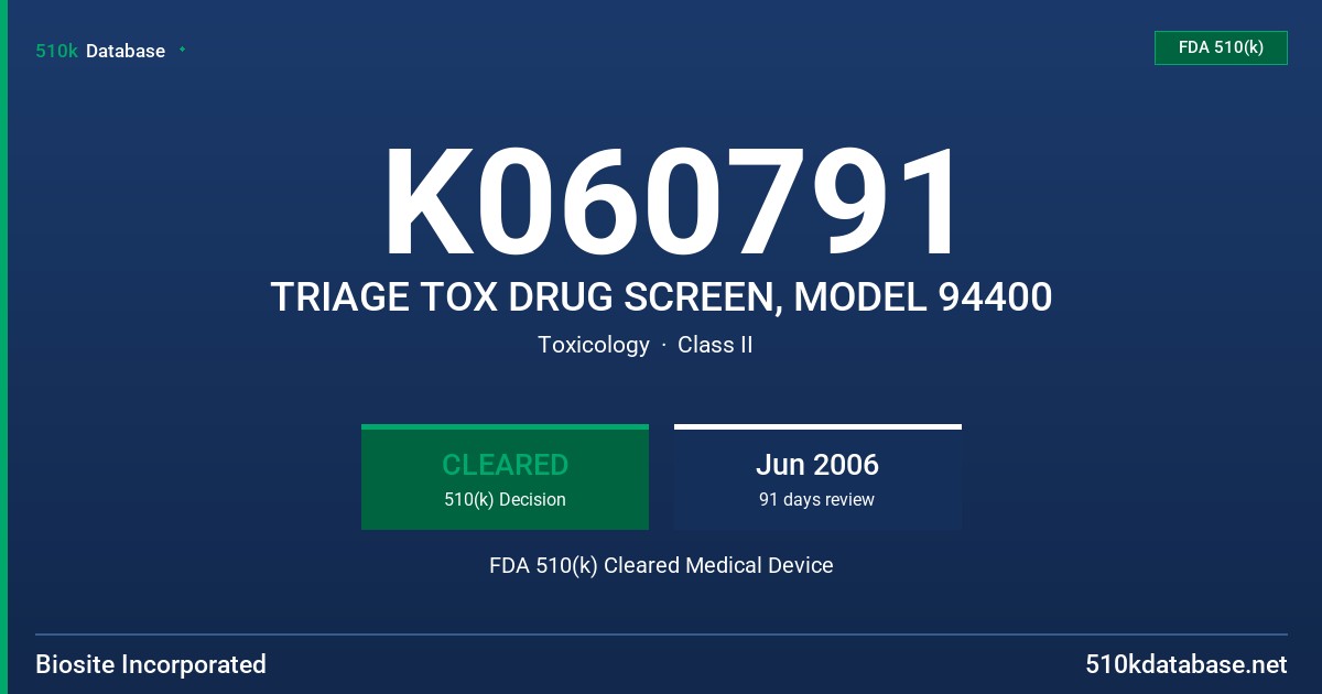 K060791 TRIAGE TOX DRUG SCREEN, MODEL 94400 FDA 510(k) Cleared Medical Device