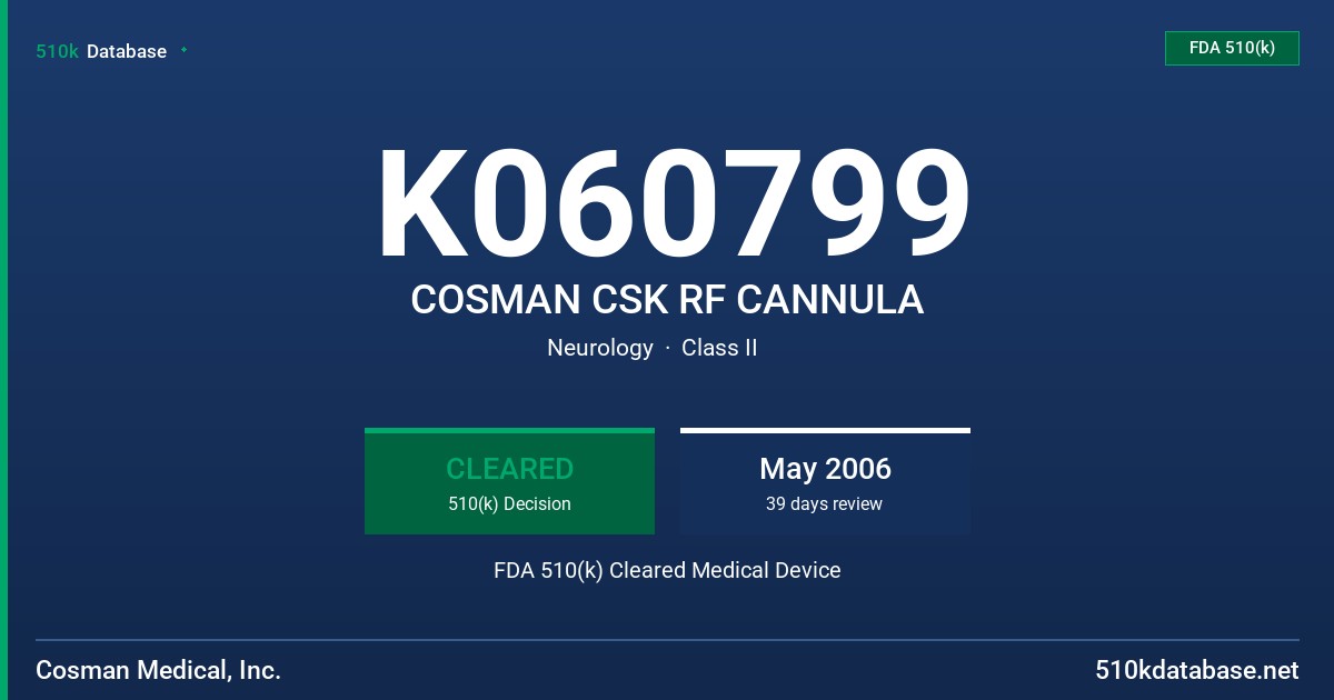 K060799 COSMAN CSK RF CANNULA FDA 510(k) Cleared Medical Device