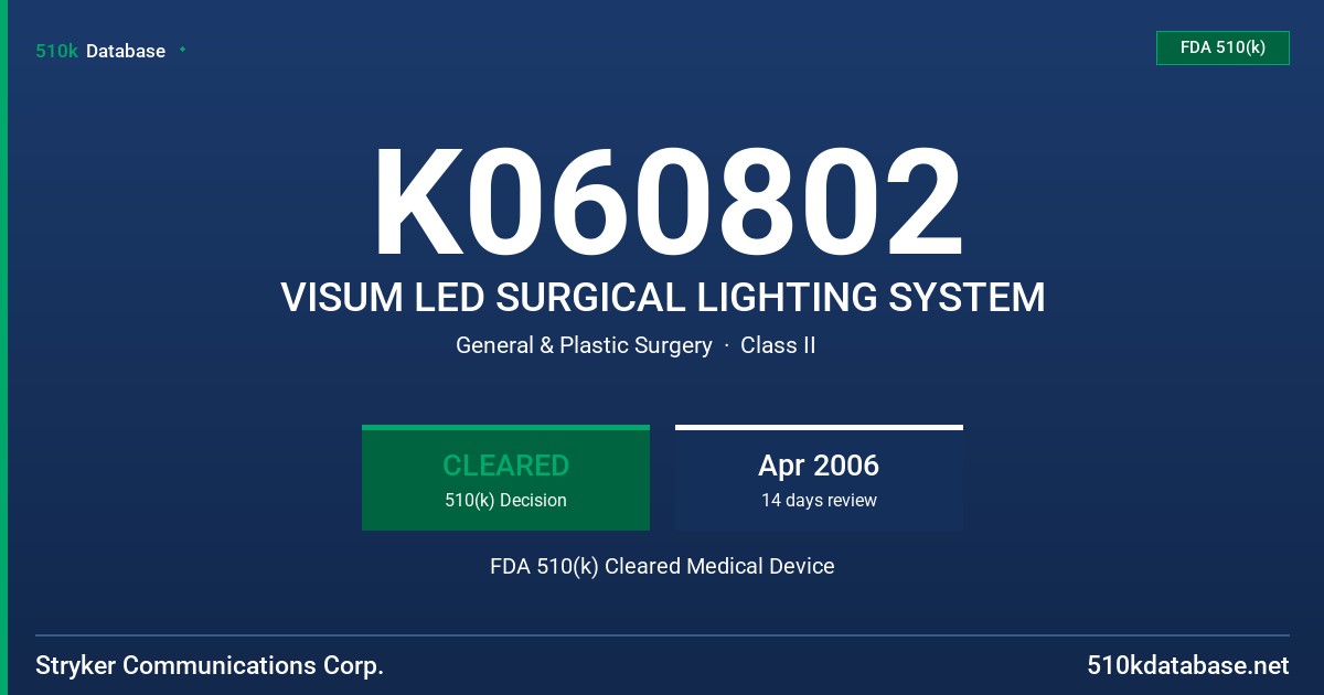 K060802 VISUM LED SURGICAL LIGHTING SYSTEM FDA 510(k) Cleared Medical Device