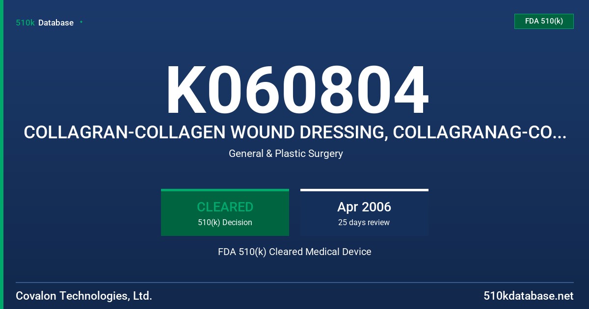 K060804 COLLAGRAN-COLLAGEN WOUND DRESSING, COLLAGRANAG-COLLAGEN W/SILVER ANTIMICROBIAL WOUND DRESSING FDA 510(k) Cleared Medical Device