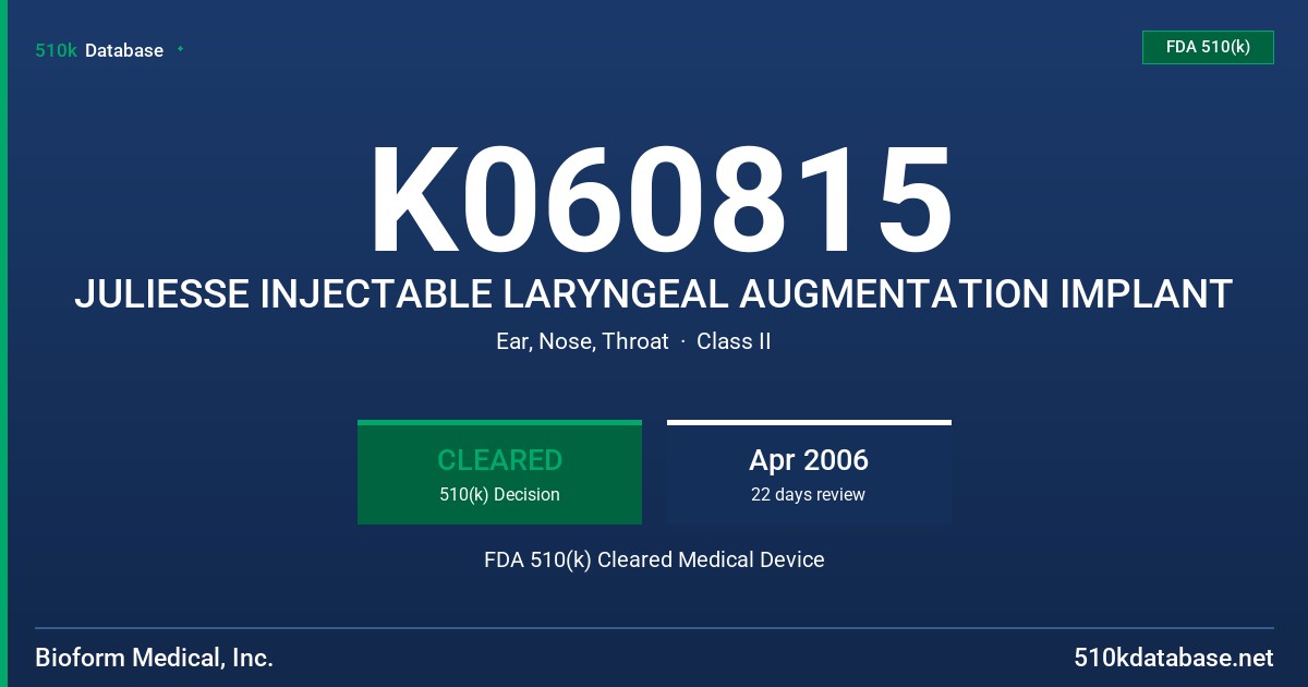 K060815 JULIESSE INJECTABLE LARYNGEAL AUGMENTATION IMPLANT FDA 510(k) Cleared Medical Device