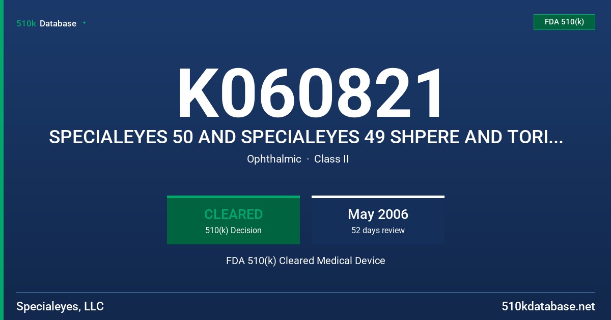 K060821 SPECIALEYES 50 AND SPECIALEYES 49 SHPERE AND TORIC SOFT CONTACT LENSES FDA 510(k) Cleared Medical Device