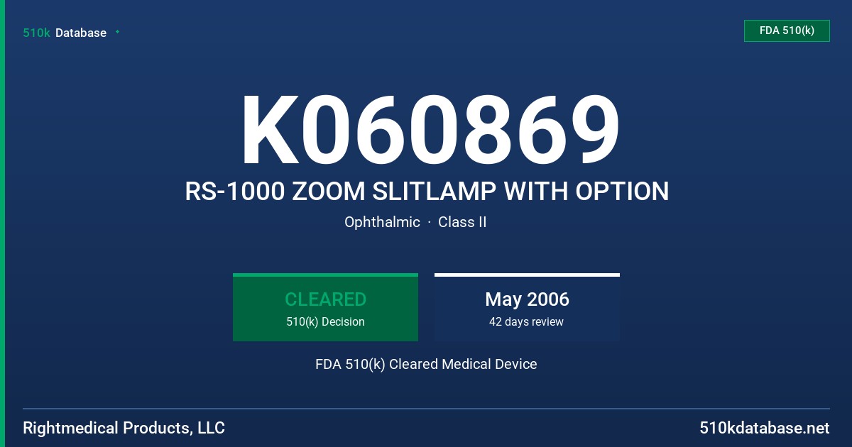 K060869 RS-1000 ZOOM SLITLAMP WITH OPTION FDA 510(k) Cleared Medical Device