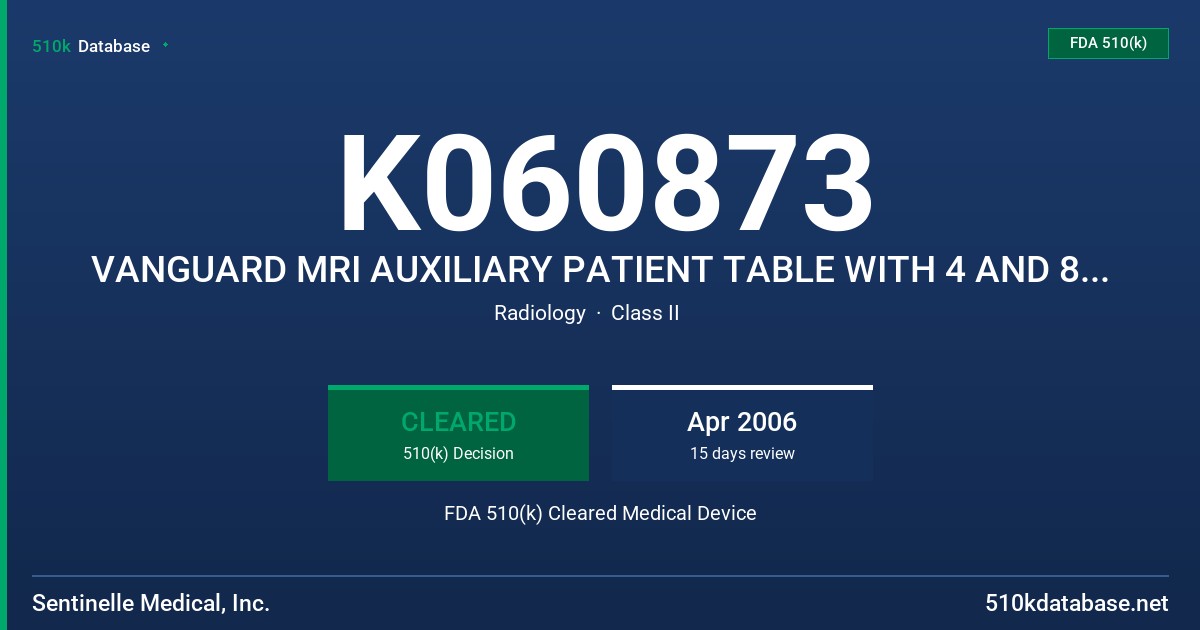 K060873 VANGUARD MRI AUXILIARY PATIENT TABLE WITH 4 AND 8 CHANNEL COIL ARRAY FOR GE SIGNA SYSTEMS FDA 510(k) Cleared Medical Device