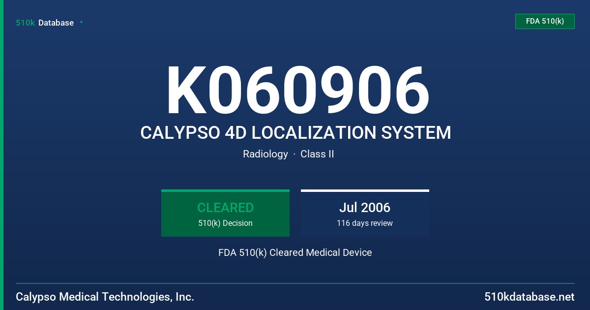 K060906 CALYPSO 4D LOCALIZATION SYSTEM FDA 510(k) Cleared Medical Device