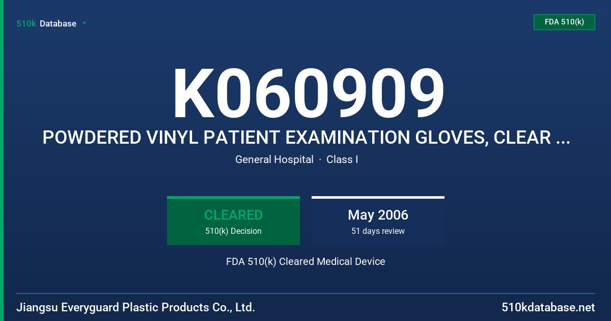 K060909 POWDERED VINYL PATIENT EXAMINATION GLOVES, CLEAR (NON-COLORED) FDA 510(k) Cleared Medical Device