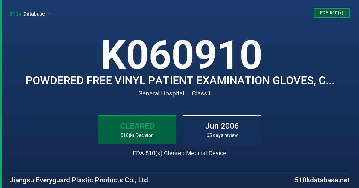 K060910 POWDERED FREE VINYL PATIENT EXAMINATION GLOVES, CLEAR (NON-COLORED) FDA 510(k) Cleared Medical Device