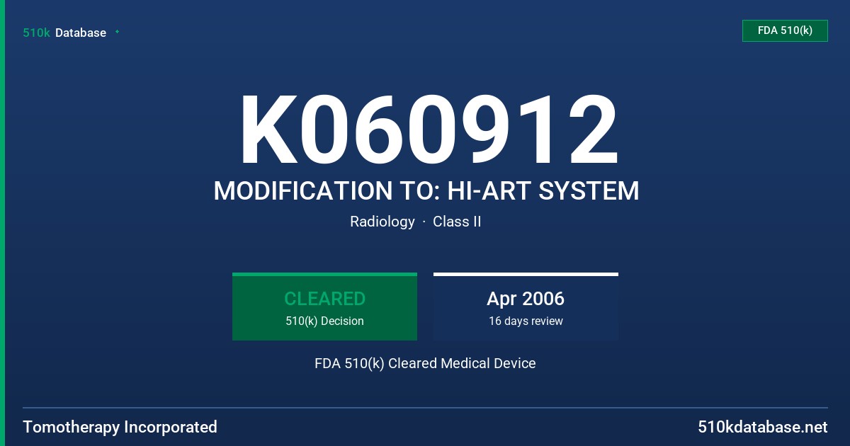 K060912 MODIFICATION TO: HI-ART SYSTEM FDA 510(k) Cleared Medical Device