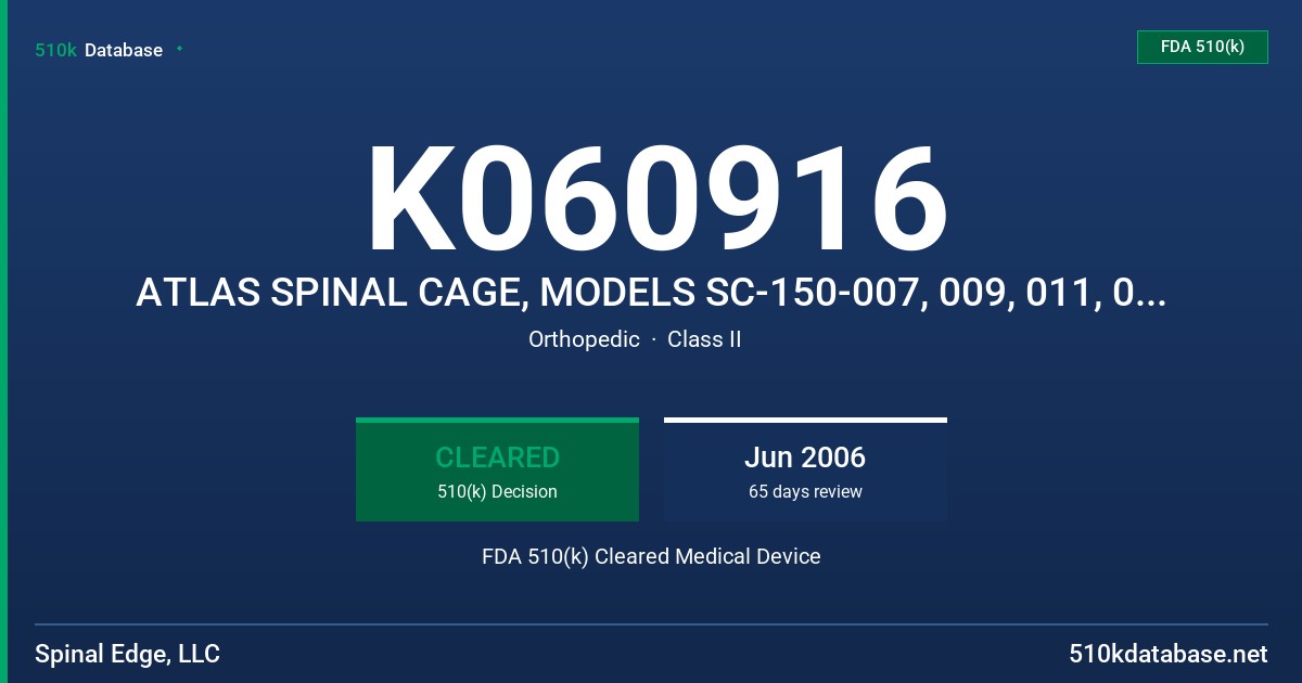 K060916 ATLAS SPINAL CAGE, MODELS SC-150-007, 009, 011, 013, 015, 017. FDA 510(k) Cleared Medical Device