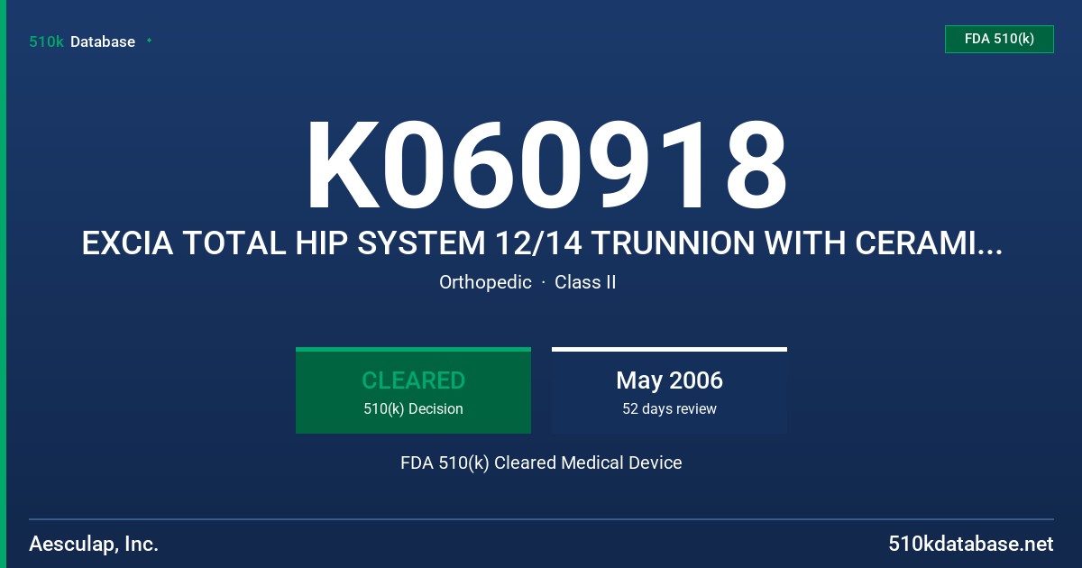K060918 EXCIA TOTAL HIP SYSTEM 12/14 TRUNNION WITH CERAMIC HEAD FDA 510(k) Cleared Medical Device