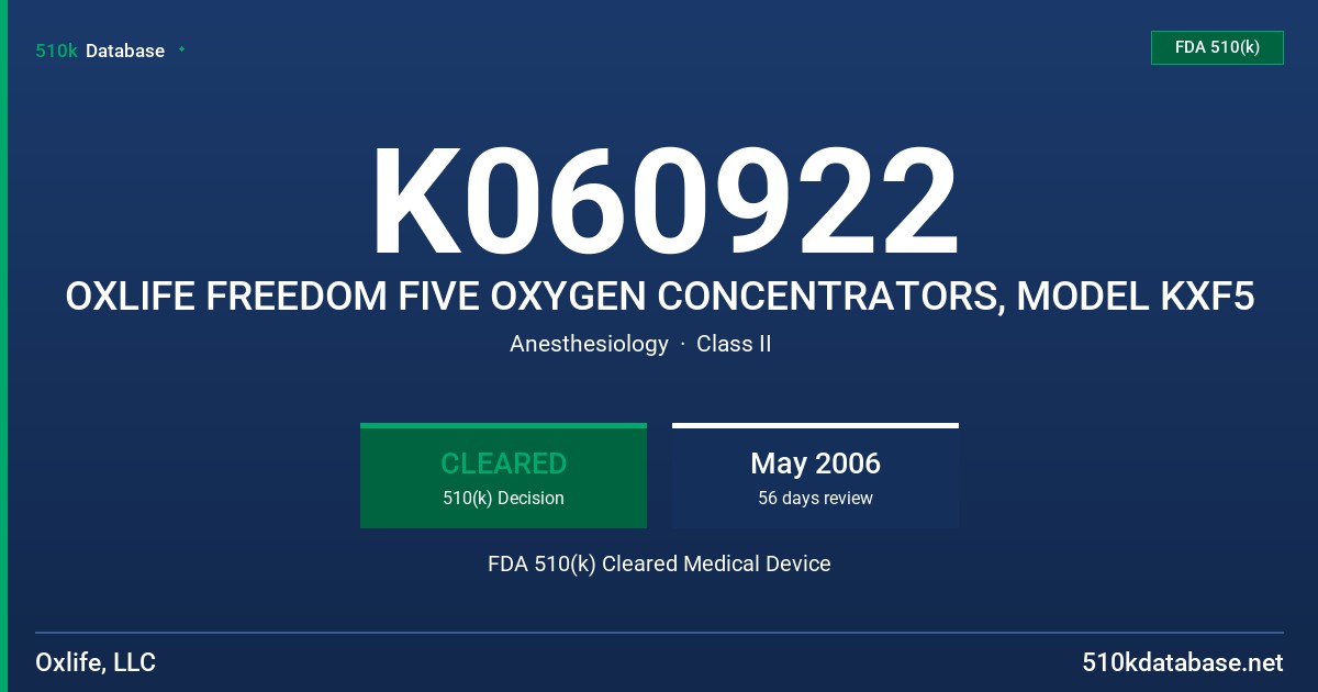 K060922 OXLIFE FREEDOM FIVE OXYGEN CONCENTRATORS, MODEL KXF5 FDA 510(k) Cleared Medical Device