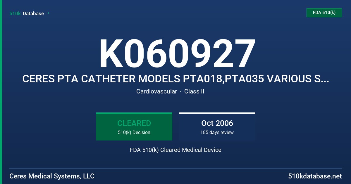 K060927 CERES PTA CATHETER MODELS PTA018,PTA035 VARIOUS SIZES FDA 510(k) Cleared Medical Device