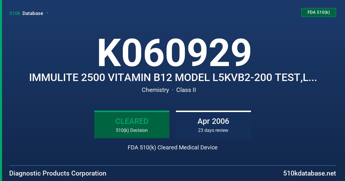 K060929 IMMULITE 2500 VITAMIN B12 MODEL L5KVB2-200 TEST,L5KVB6-600 TEST, IMMULITE 2500 FOLIC ACID MODEL L5KFO2-200 TEST,L5KFO6-6 FDA 510(k) Cleared Medical Device