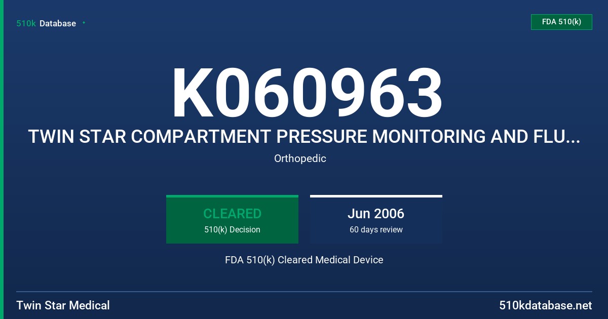 K060963 TWIN STAR COMPARTMENT PRESSURE MONITORING AND FLUID COLLECTION MONITOR (CMS MONITOR) FDA 510(k) Cleared Medical Device