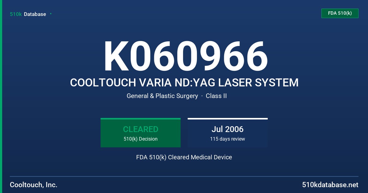 K060966 COOLTOUCH VARIA ND:YAG LASER SYSTEM FDA 510(k) Cleared Medical Device