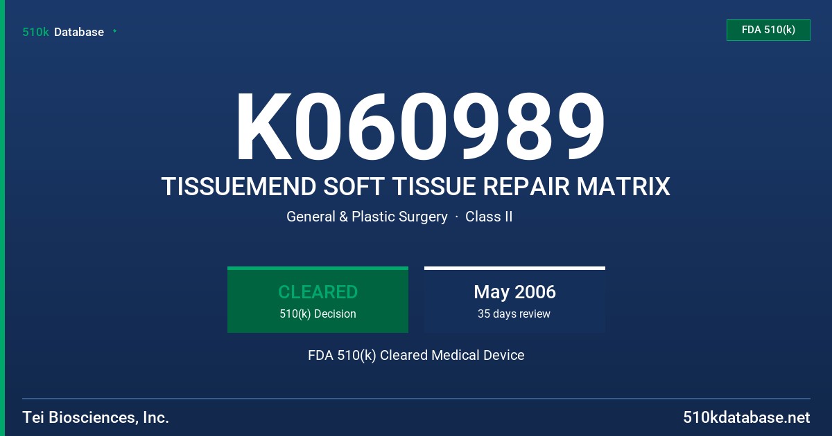 K060989 TISSUEMEND SOFT TISSUE REPAIR MATRIX FDA 510(k) Cleared Medical Device
