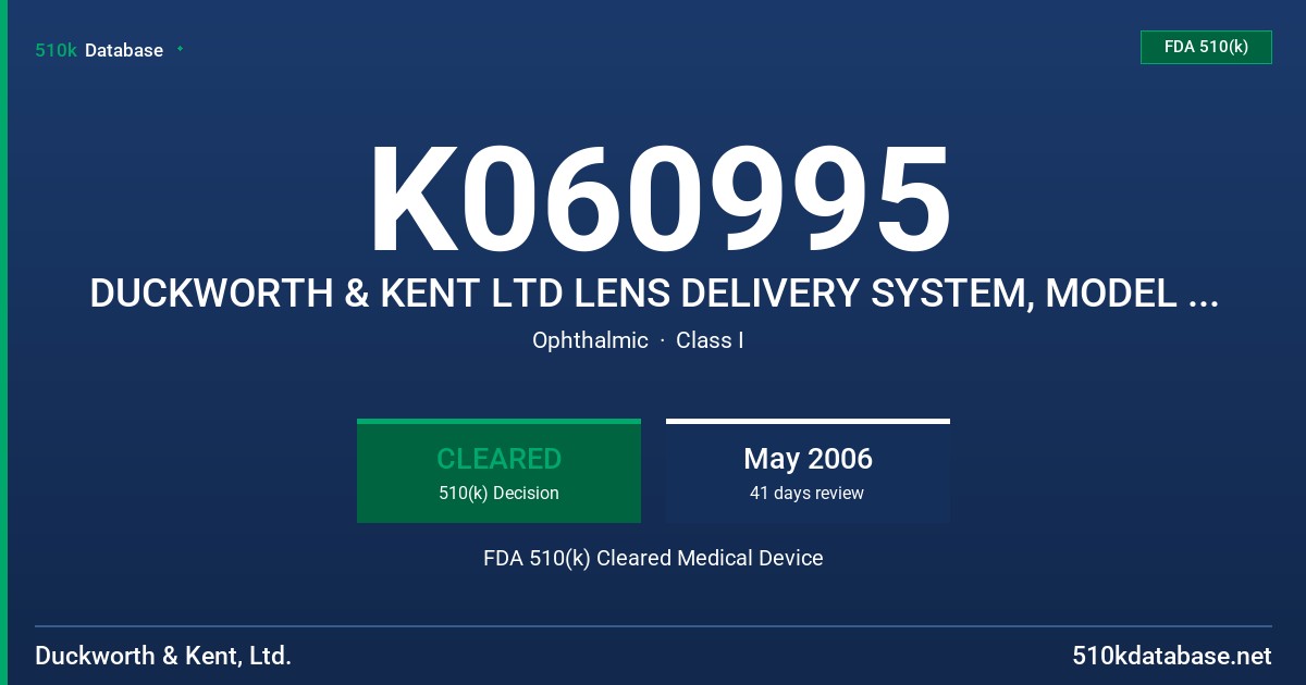 K060995 DUCKWORTH & KENT LTD LENS DELIVERY SYSTEM, MODEL DK7788 FDA 510(k) Cleared Medical Device