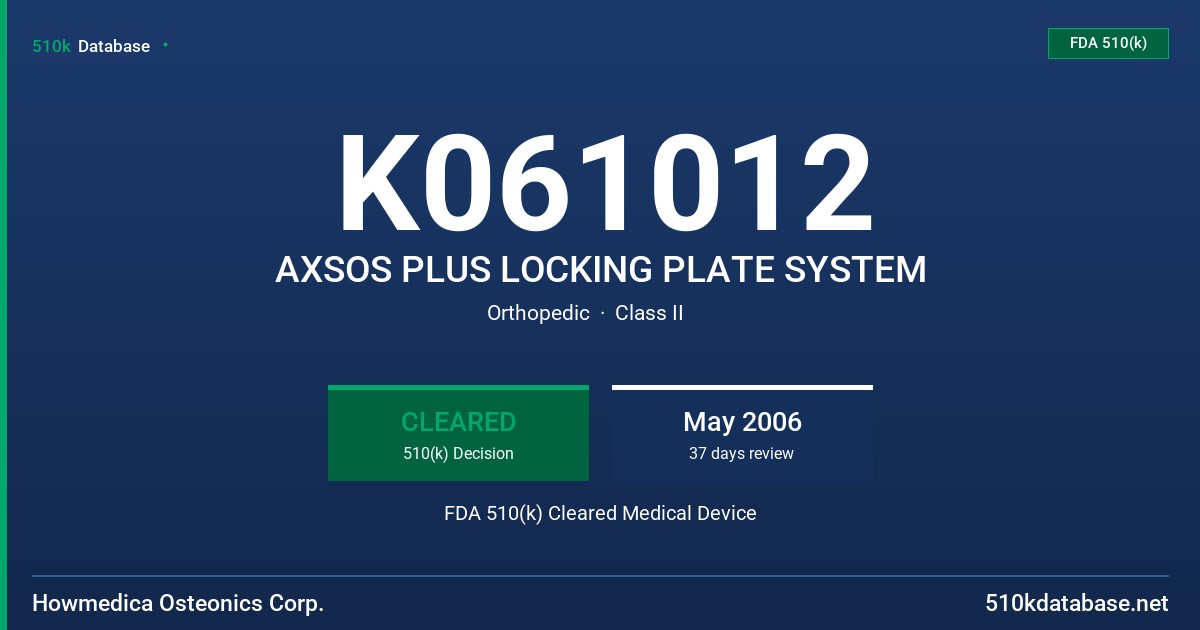 K061012 AXSOS PLUS LOCKING PLATE SYSTEM FDA 510(k) Cleared Medical Device