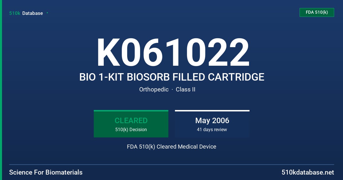K061022 BIO 1-KIT BIOSORB FILLED CARTRIDGE FDA 510(k) Cleared Medical Device