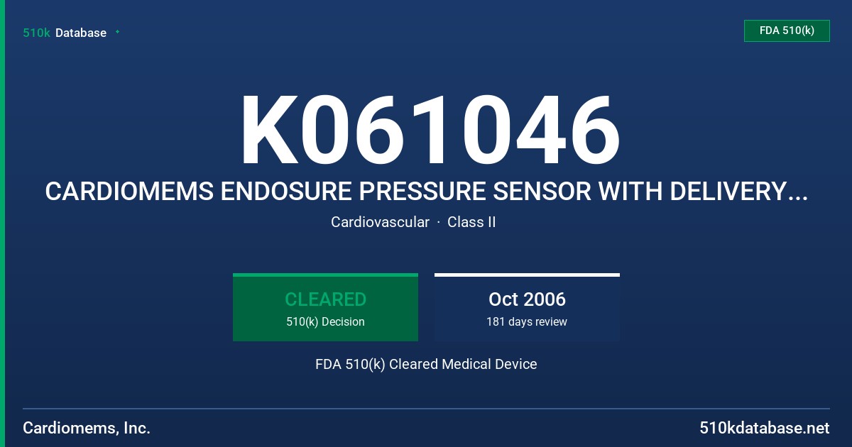K061046 CARDIOMEMS ENDOSURE PRESSURE SENSOR WITH DELIVERY SYSTEM, MODEL ADS-1001 AND INTERROGATOR, MODEL EMS 5001 FDA 510(k) Cleared Medical Device