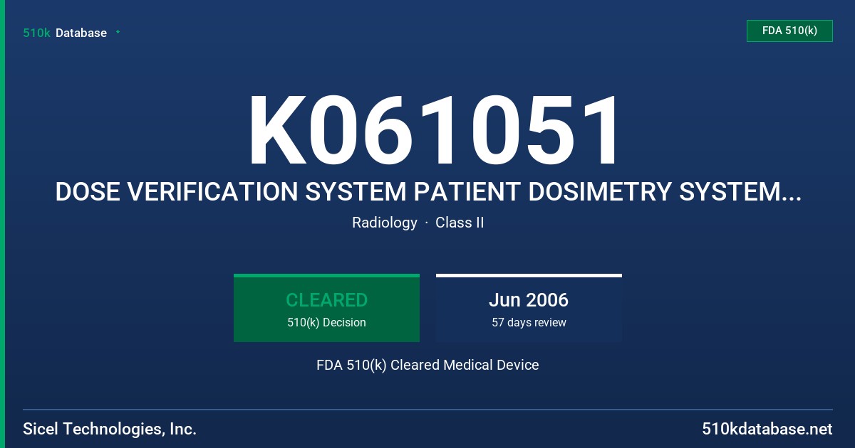K061051 DOSE VERIFICATION SYSTEM PATIENT DOSIMETRY SYSTEM, MODELS DVS-I-11, DVS INSERTION TOOL, DVS-D-A, DVS DOSIMETER FDA 510(k) Cleared Medical Device