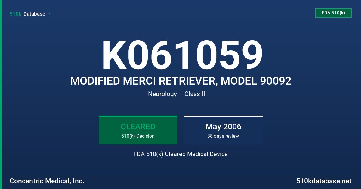 K061059 MODIFIED MERCI RETRIEVER, MODEL 90092 FDA 510(k) Cleared Medical Device