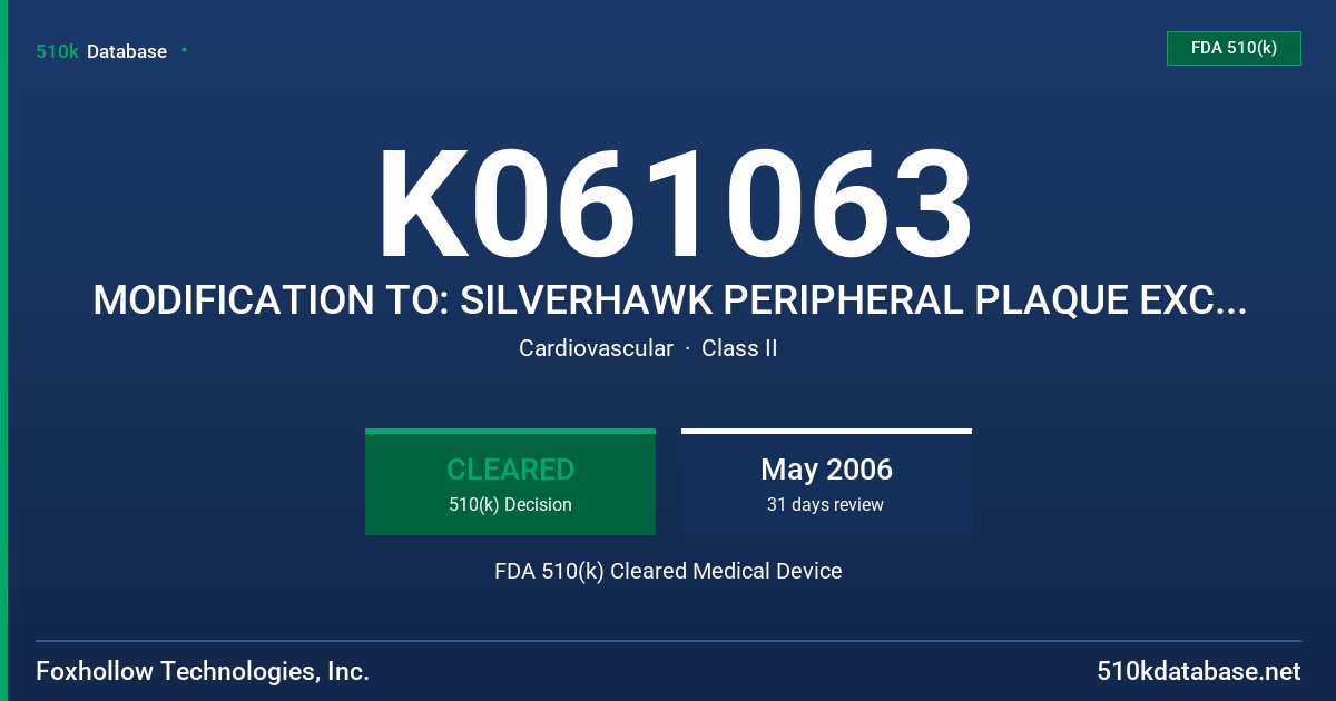 K061063 MODIFICATION TO: SILVERHAWK PERIPHERAL PLAQUE EXCISION SYSTEM, MODELS P4028/FG08300 FDA 510(k) Cleared Medical Device