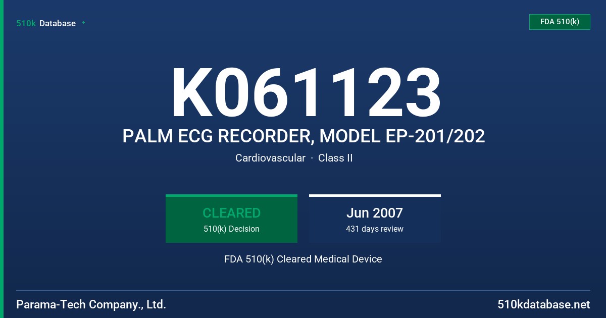K061123 PALM ECG RECORDER, MODEL EP-201/202 FDA 510(k) Cleared Medical Device