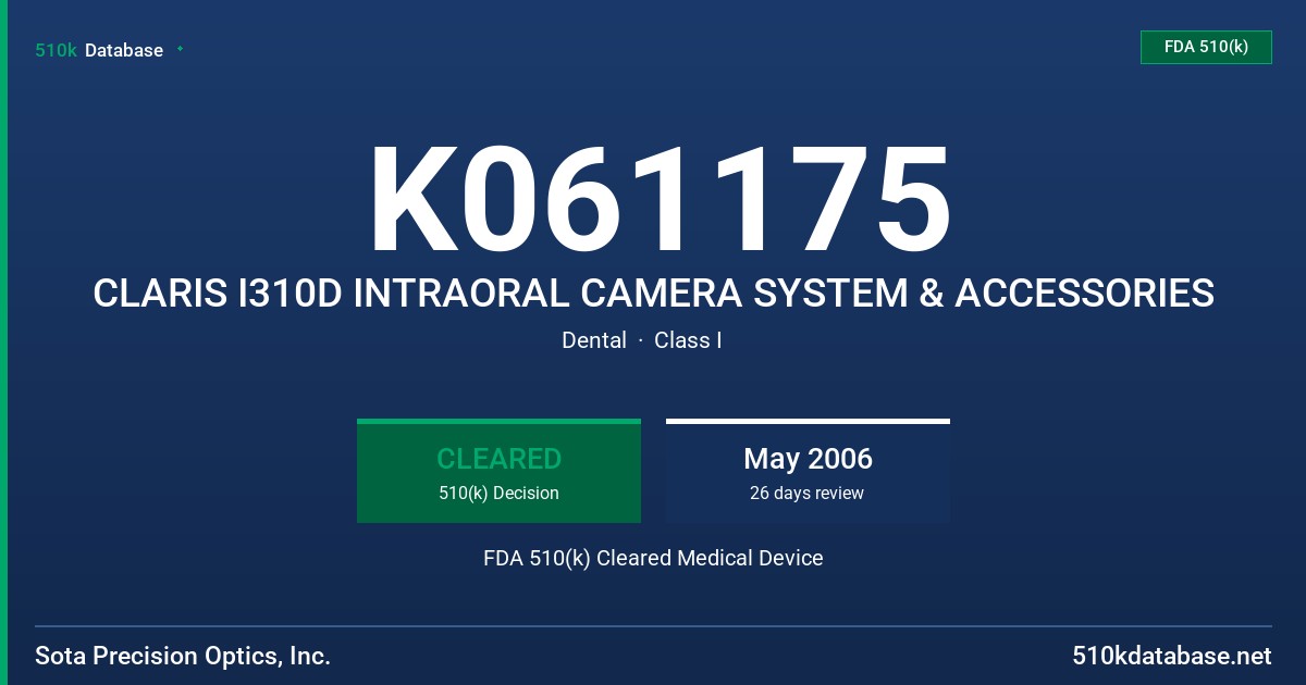 K061175 CLARIS I310D INTRAORAL CAMERA SYSTEM & ACCESSORIES FDA 510(k) Cleared Medical Device