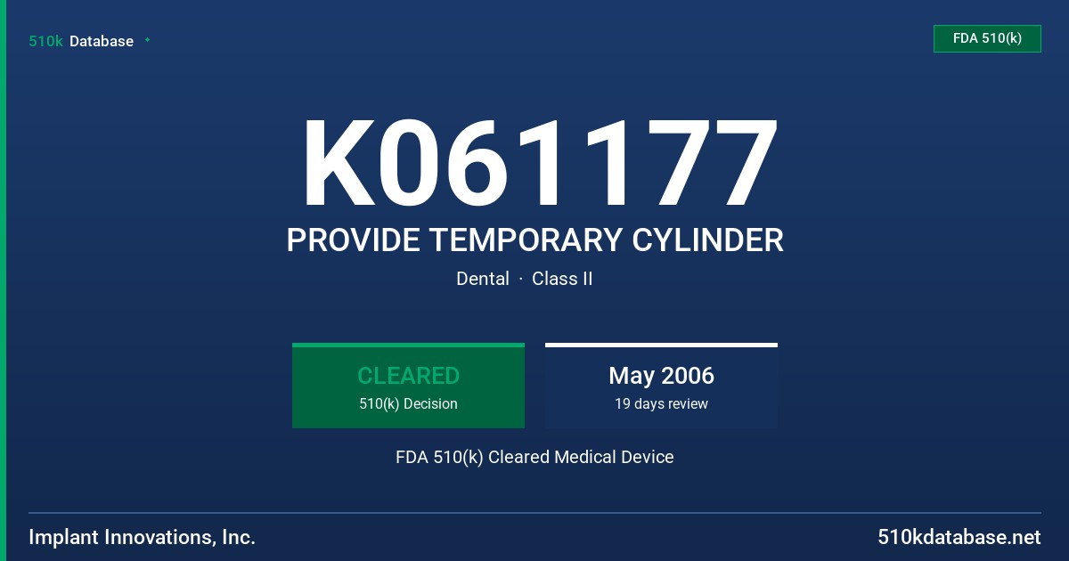 K061177 PROVIDE TEMPORARY CYLINDER FDA 510(k) Cleared Medical Device