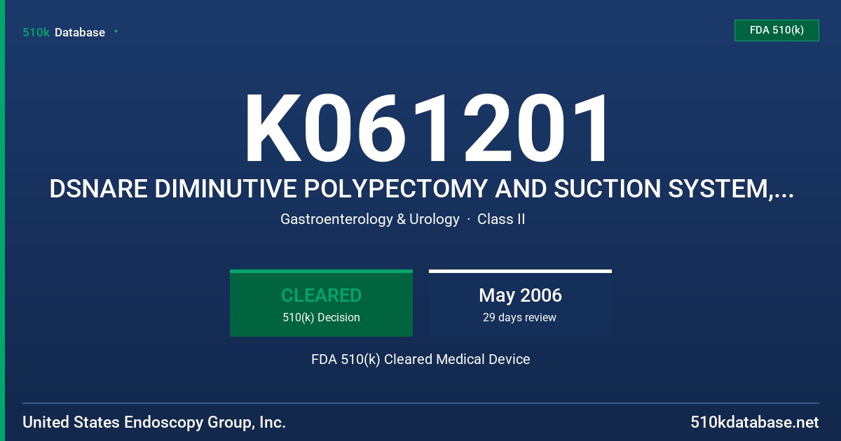 K061201 DSNARE DIMINUTIVE POLYPECTOMY AND SUCTION SYSTEM, MODEL 00711087 FDA 510(k) Cleared Medical Device