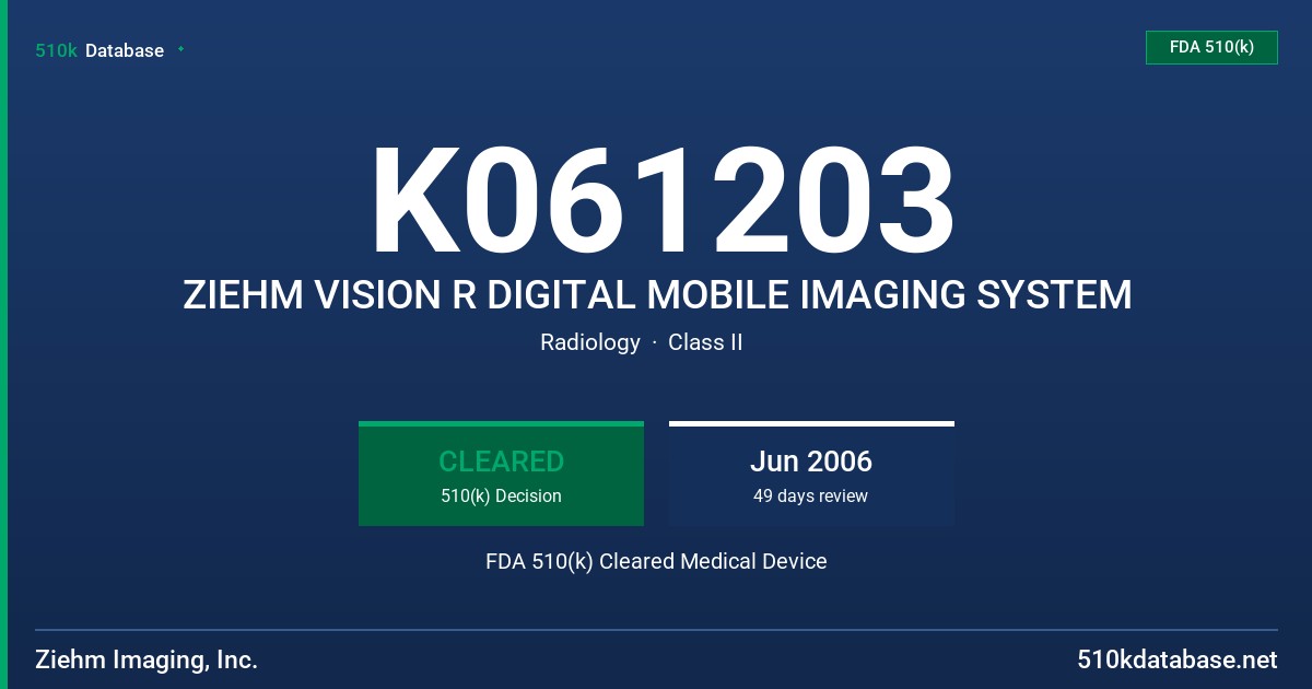 K061203 ZIEHM VISION R DIGITAL MOBILE IMAGING SYSTEM FDA 510(k) Cleared Medical Device