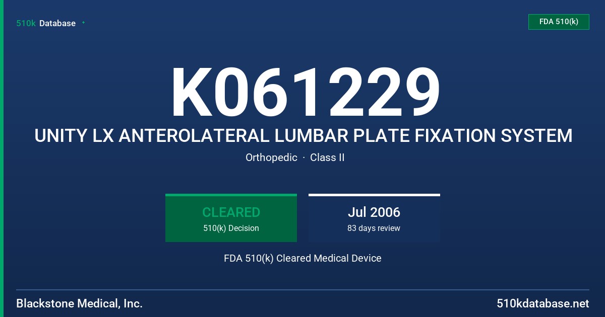 K061229 UNITY LX ANTEROLATERAL LUMBAR PLATE FIXATION SYSTEM FDA 510(k) Cleared Medical Device