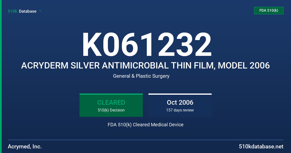 K061232 ACRYDERM SILVER ANTIMICROBIAL THIN FILM, MODEL 2006 FDA 510(k) Cleared Medical Device