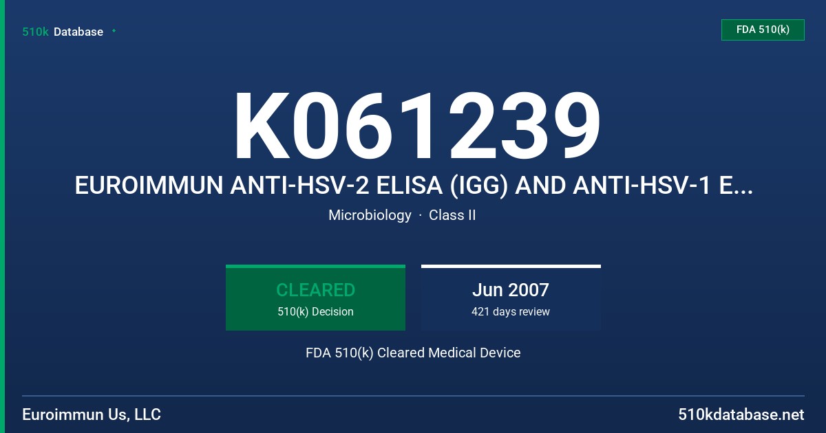 K061239 EUROIMMUN ANTI-HSV-2 ELISA (IGG) AND ANTI-HSV-1 ELISA (IGG) KIT FDA 510(k) Cleared Medical Device