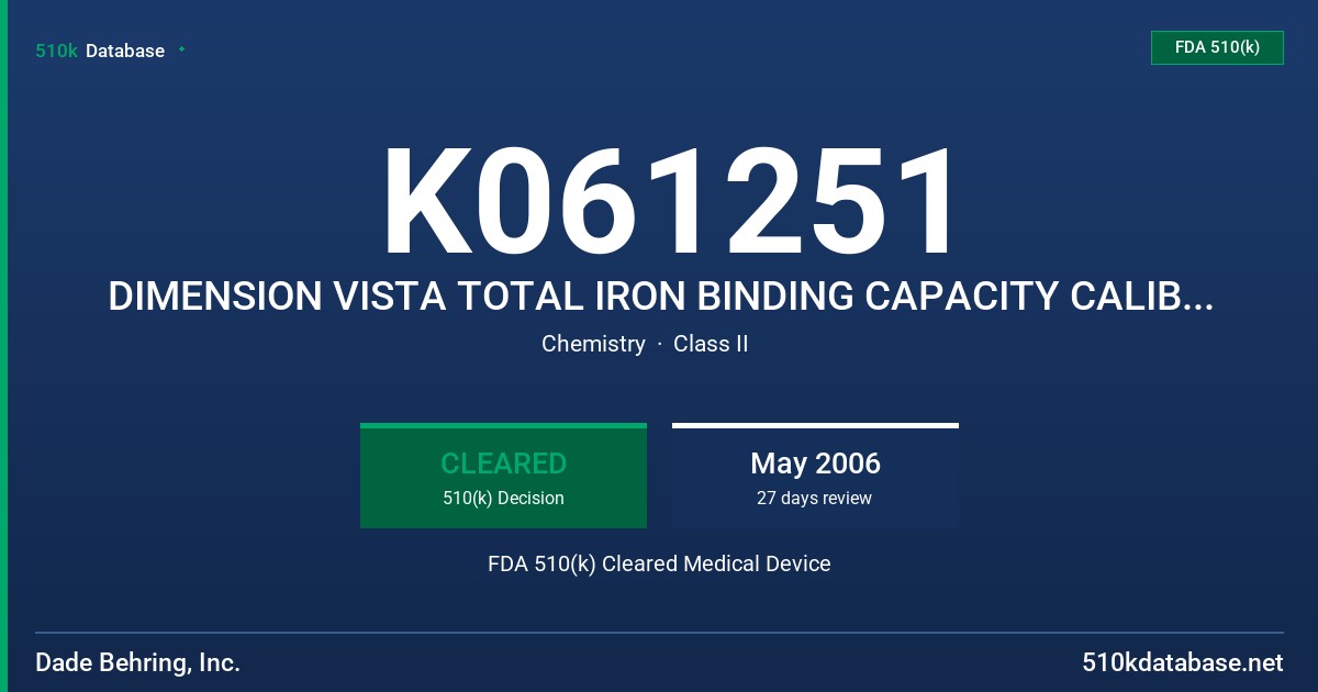 K061251 DIMENSION VISTA TOTAL IRON BINDING CAPACITY CALIBRATOR FDA 510(k) Cleared Medical Device