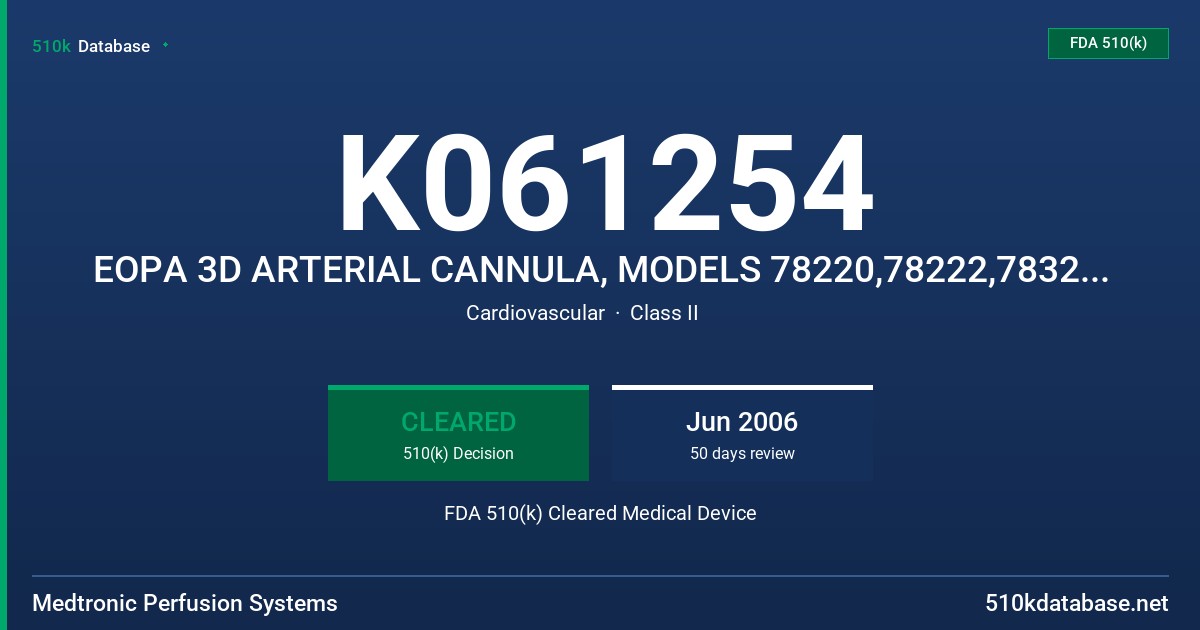 K061254 EOPA 3D ARTERIAL CANNULA, MODELS 78220,78222,78320,783222 FDA 510(k) Cleared Medical Device