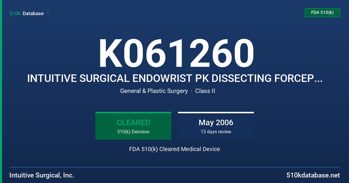K061260 INTUITIVE SURGICAL ENDOWRIST PK DISSECTING FORCEPS, MODELS 400214 & 420214 FDA 510(k) Cleared Medical Device