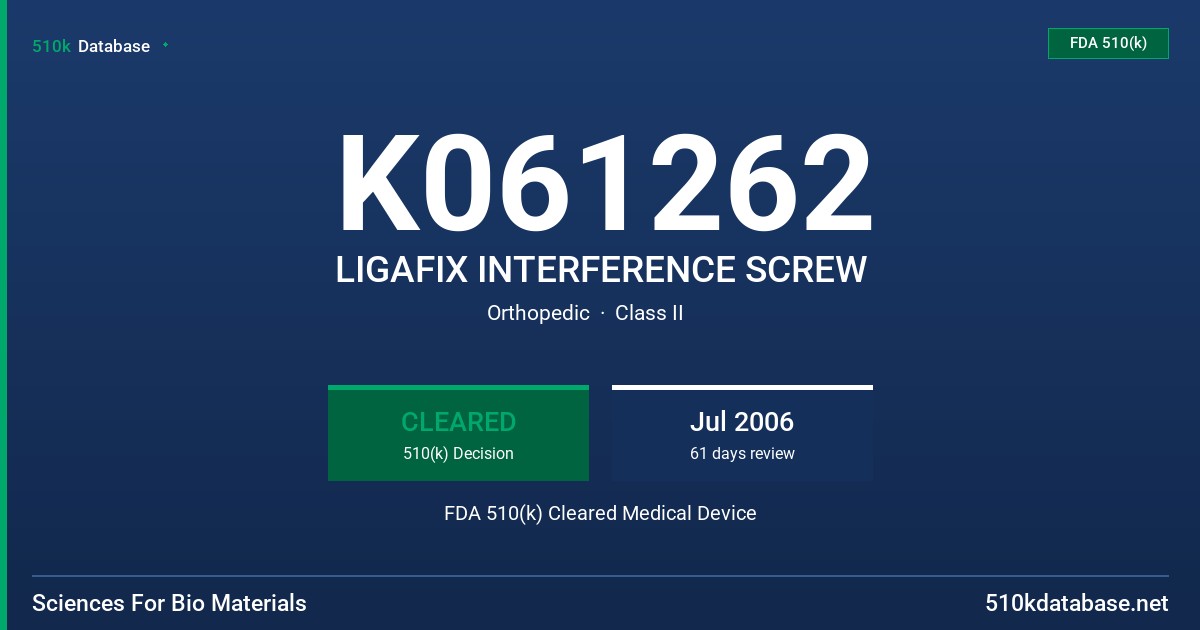 K061262 LIGAFIX INTERFERENCE SCREW FDA 510(k) Cleared Medical Device