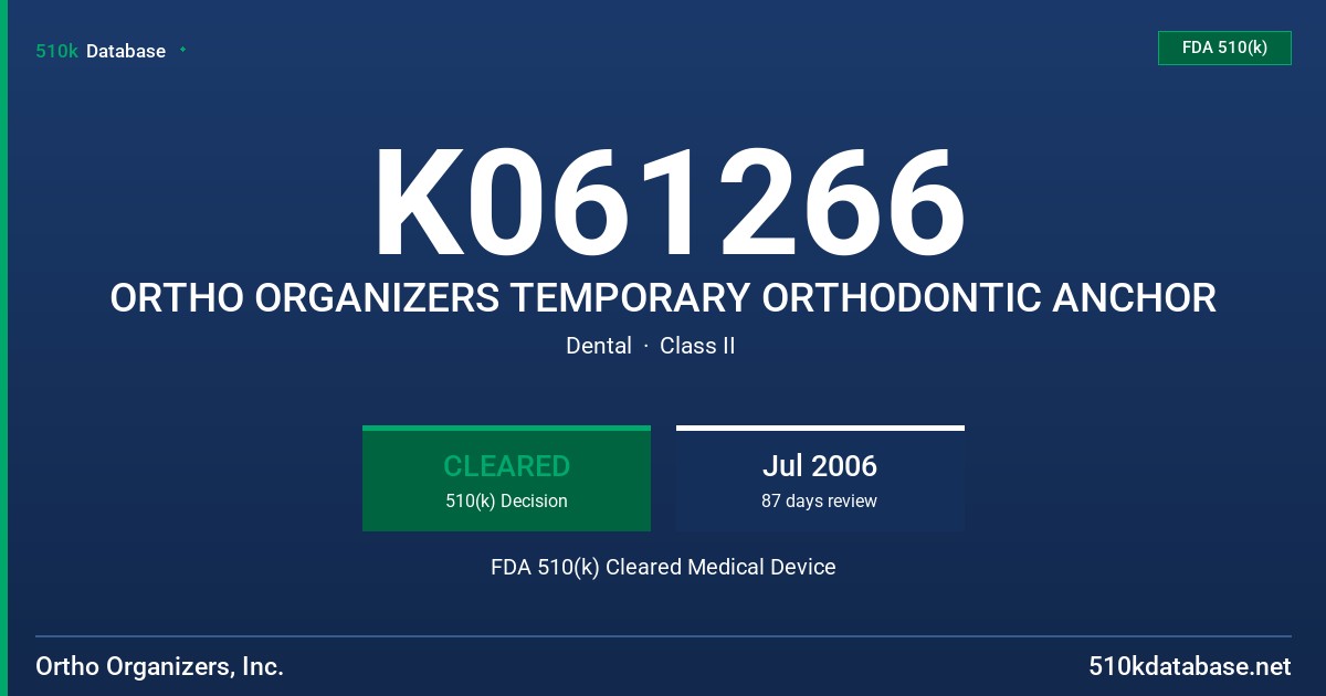 K061266 ORTHO ORGANIZERS TEMPORARY ORTHODONTIC ANCHOR FDA 510(k) Cleared Medical Device