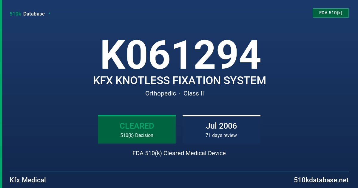 K061294 KFX KNOTLESS FIXATION SYSTEM FDA 510(k) Cleared Medical Device