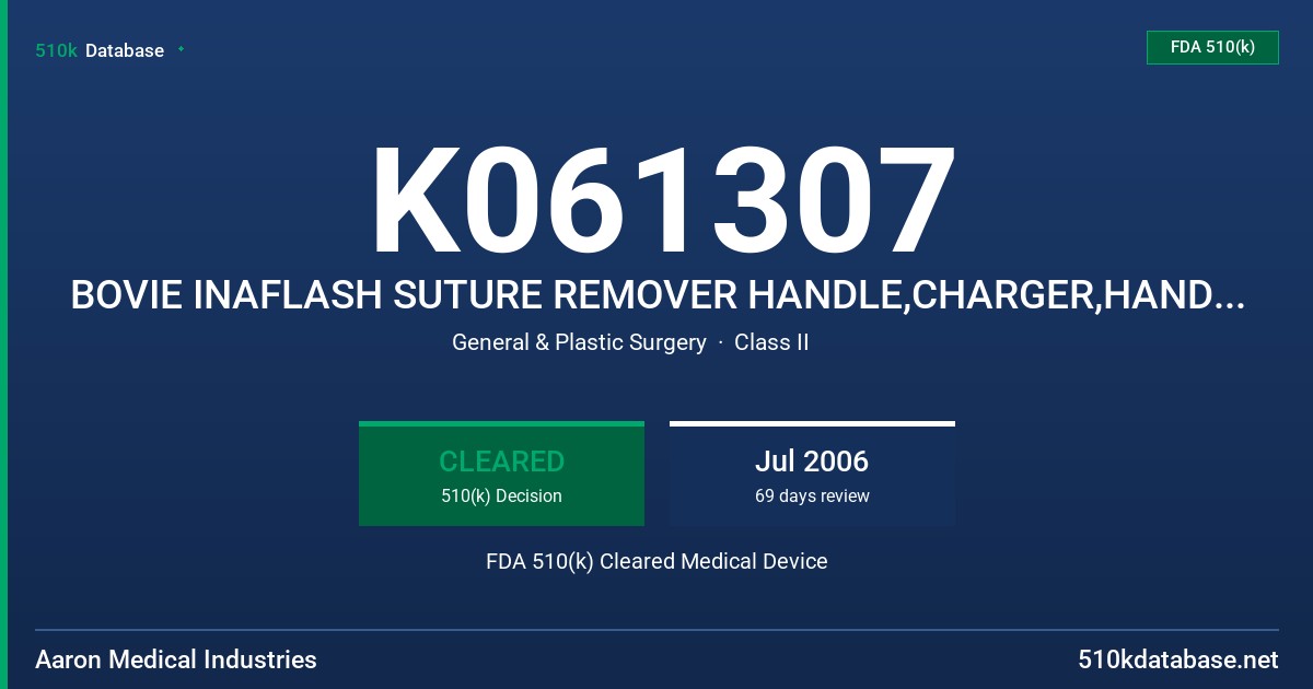 K061307 BOVIE INAFLASH SUTURE REMOVER HANDLE,CHARGER,HANDLE AND CHARGER,KIT,BATTERY PACK FDA 510(k) Cleared Medical Device